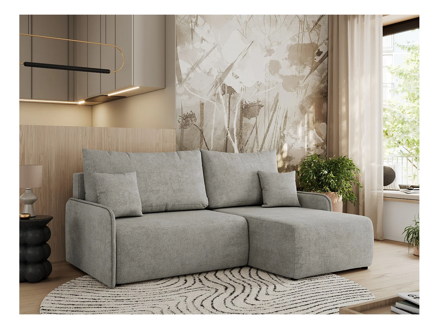 Ecksofa ARPA - L-form Schlaffsofa, Bettkasten und lose Kissen, Armlehnen - Hellgrau Struktur - Ecke Rechts