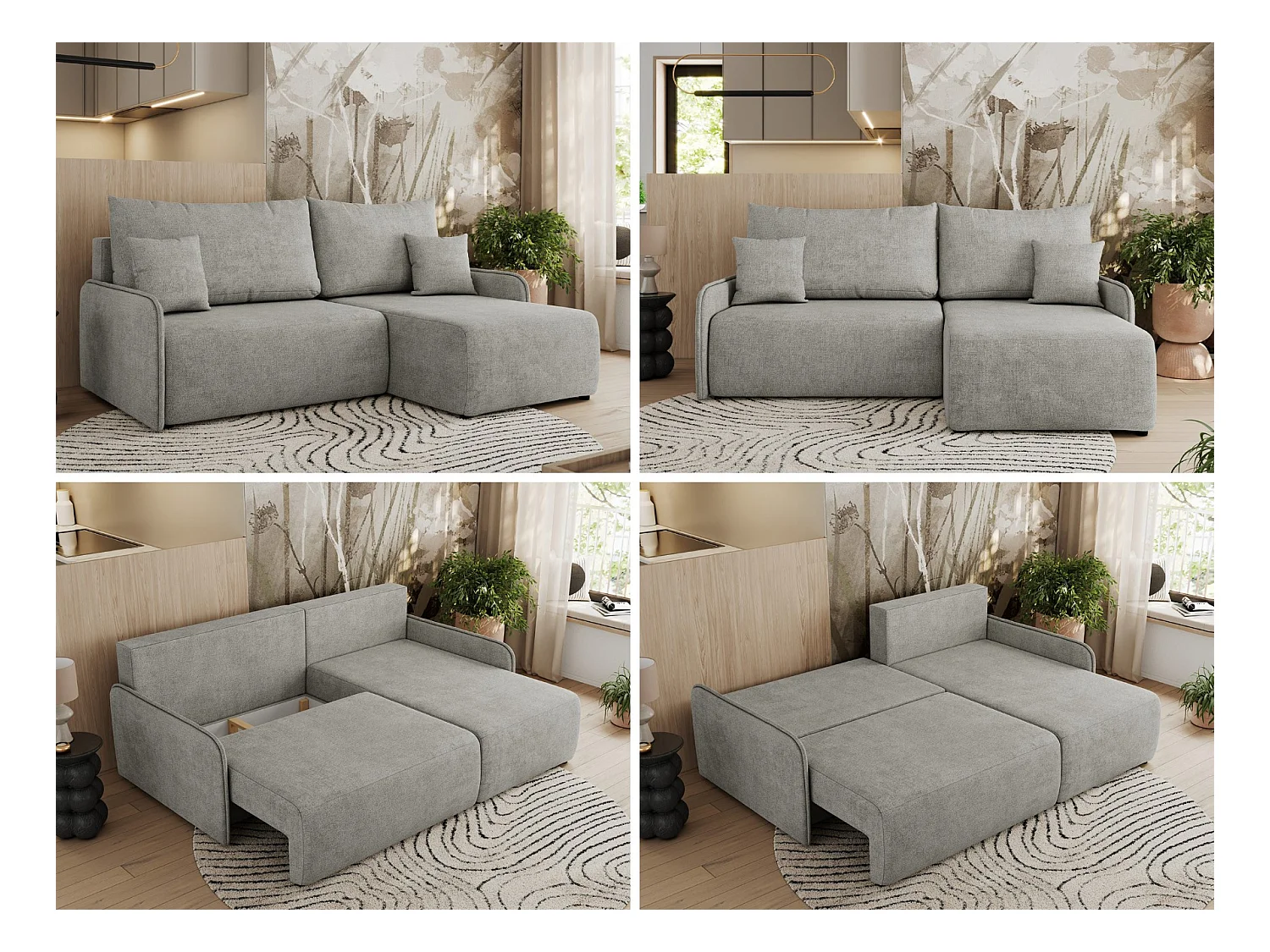 Ecksofa ARPA - L-form Schlaffsofa, Bettkasten und lose Kissen, Armlehnen - Hellgrau Struktur - Ecke Rechts