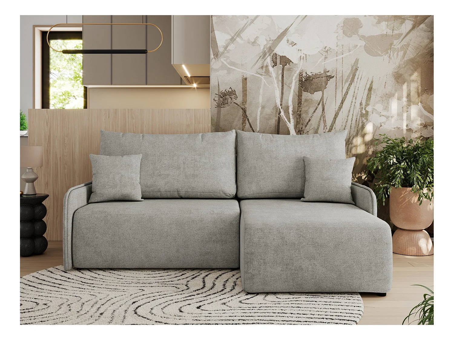 Ecksofa ARPA - L-form Schlaffsofa, Bettkasten und lose Kissen, Armlehnen - Hellgrau Struktur - Ecke Rechts