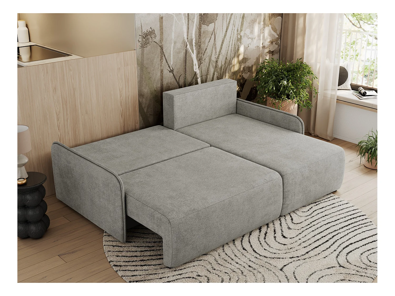 Ecksofa ARPA - L-form Schlaffsofa, Bettkasten und lose Kissen, Armlehnen - Hellgrau Struktur - Ecke Rechts