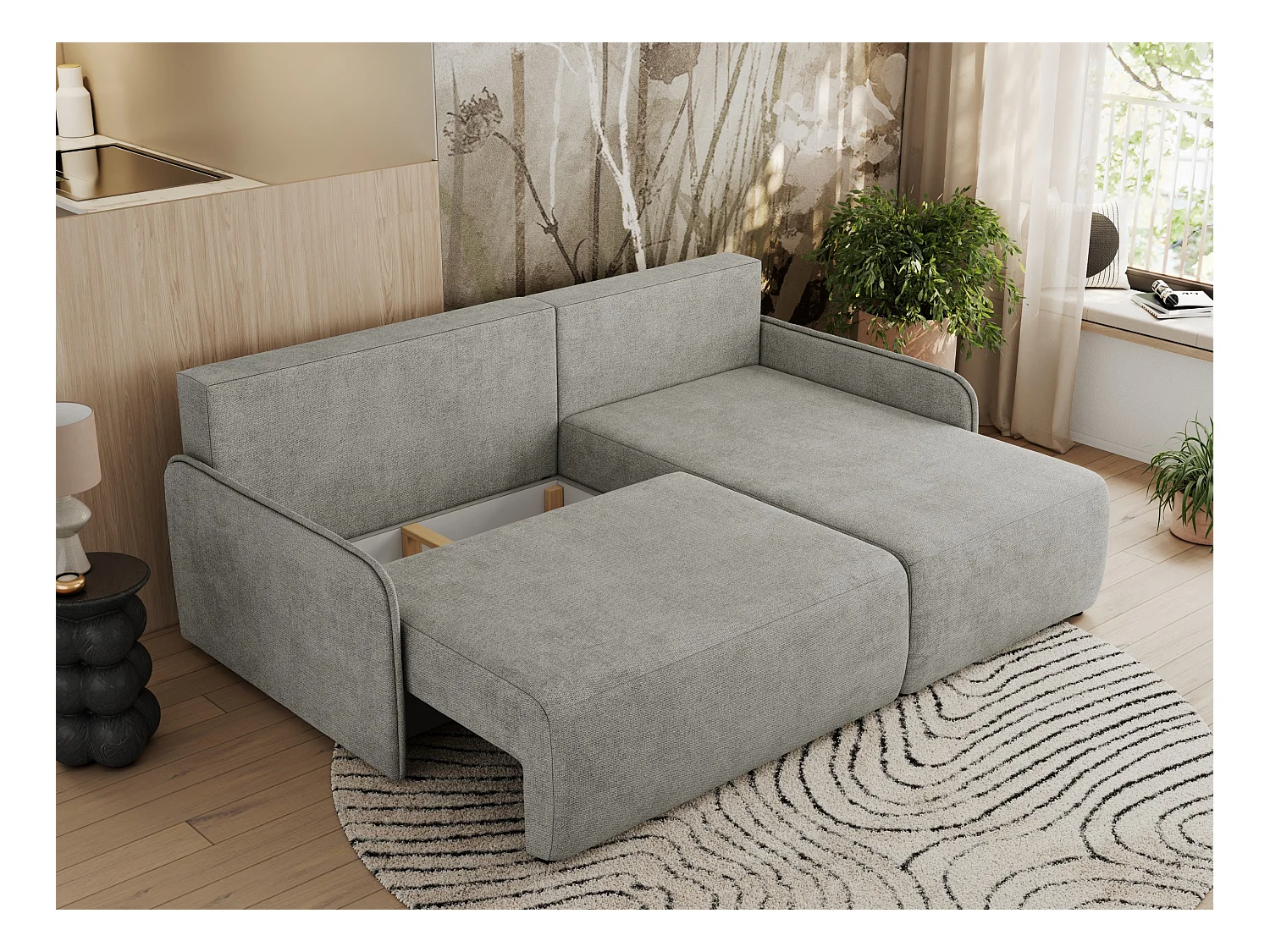 Ecksofa ARPA - L-form Schlaffsofa, Bettkasten und lose Kissen, Armlehnen - Hellgrau Struktur - Ecke Rechts
