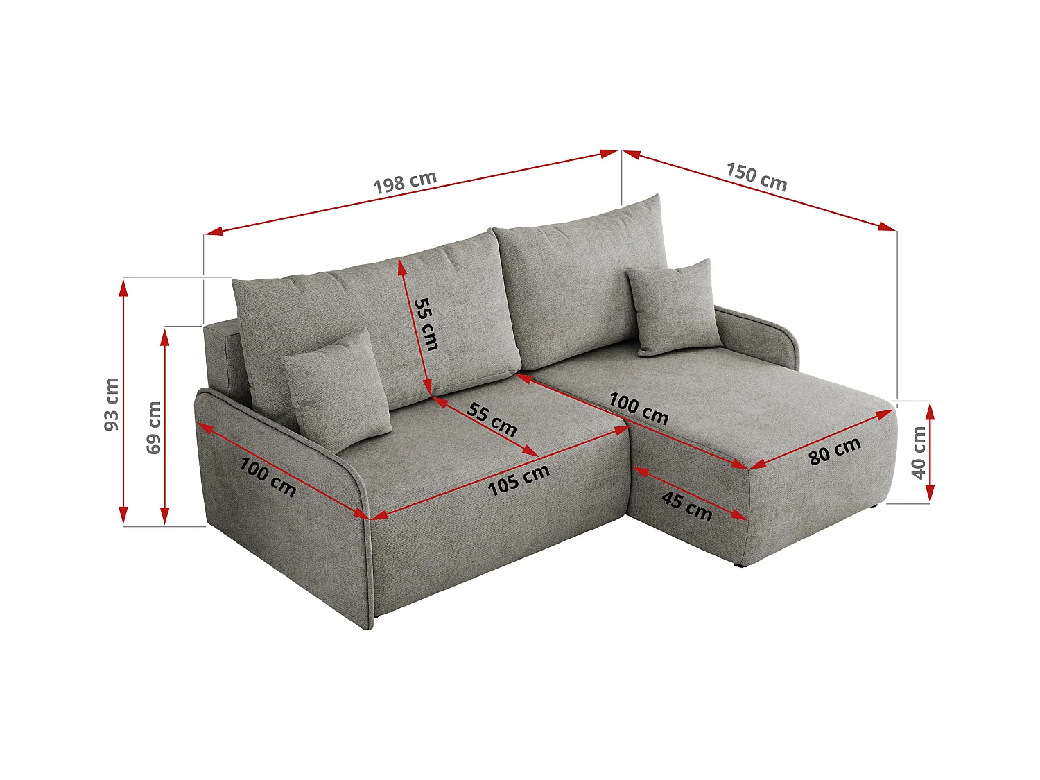 Ecksofa ARPA - L-form Schlaffsofa, Bettkasten und lose Kissen, Armlehnen - Hellgrau Struktur - Ecke Rechts