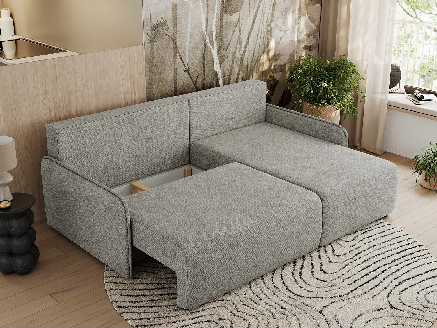 Ecksofa ARPA - L-form Schlaffsofa, Bettkasten und lose Kissen, Armlehnen - Hellgrau Struktur - Ecke Rechts