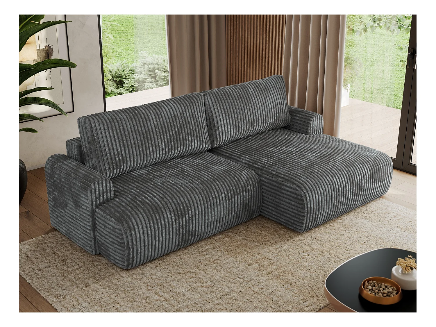 Ecksofa TONO - mit Schlaffunktion und Bettkasten, L-form Ecke, Armlehnen - Dunkelgrau Cord - Ecke Rechts