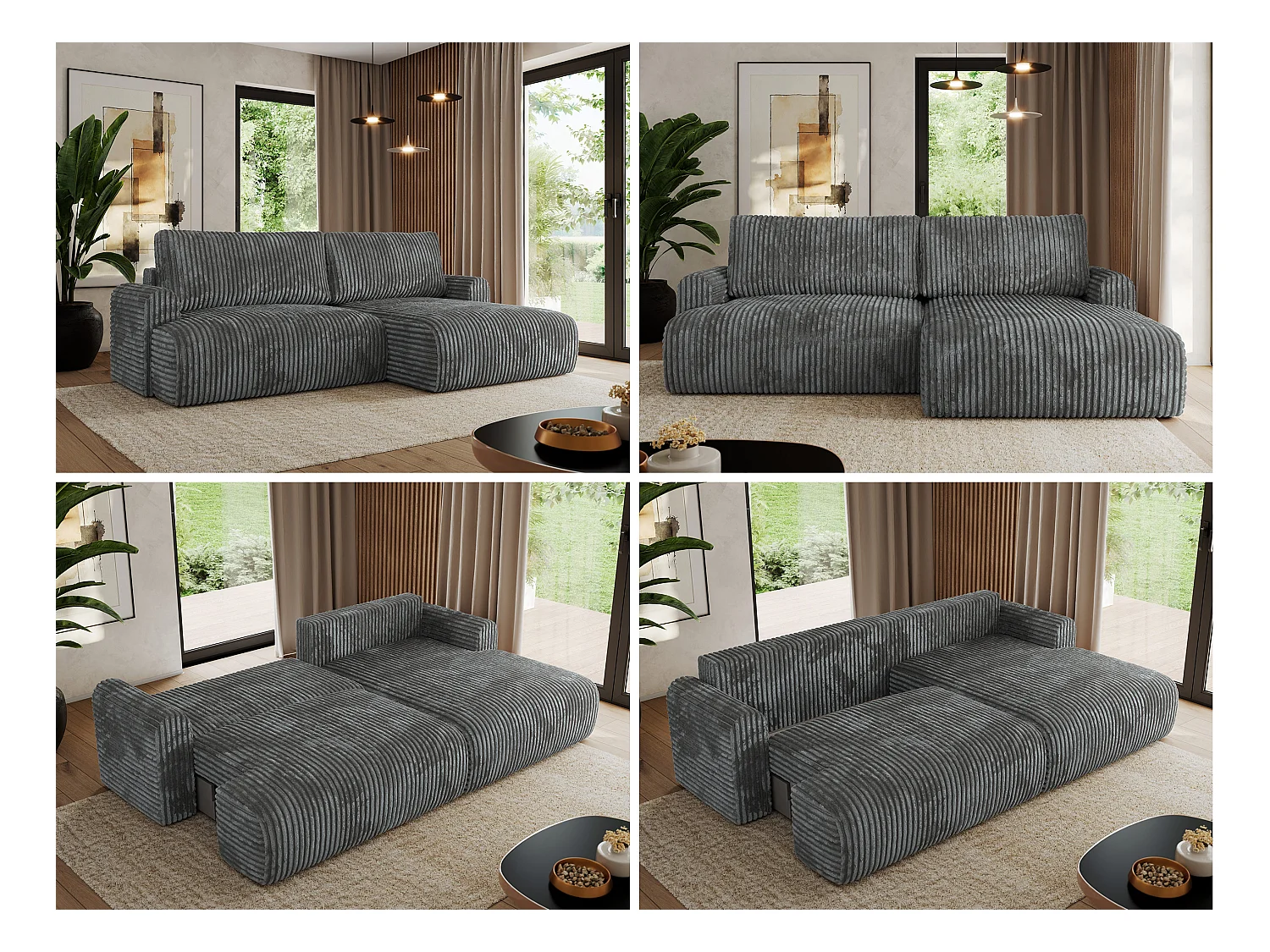 Ecksofa TONO - mit Schlaffunktion und Bettkasten, L-form Ecke, Armlehnen - Dunkelgrau Cord - Ecke Rechts