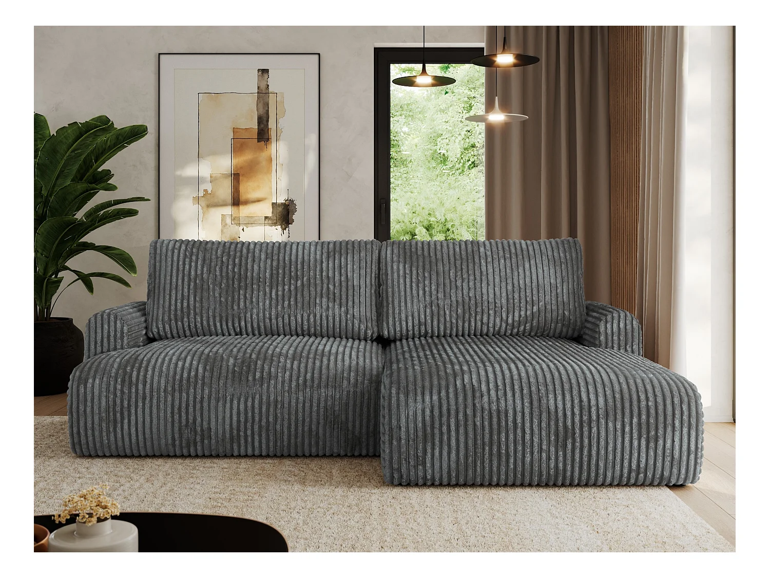 Ecksofa TONO - mit Schlaffunktion und Bettkasten, L-form Ecke, Armlehnen - Dunkelgrau Cord - Ecke Rechts