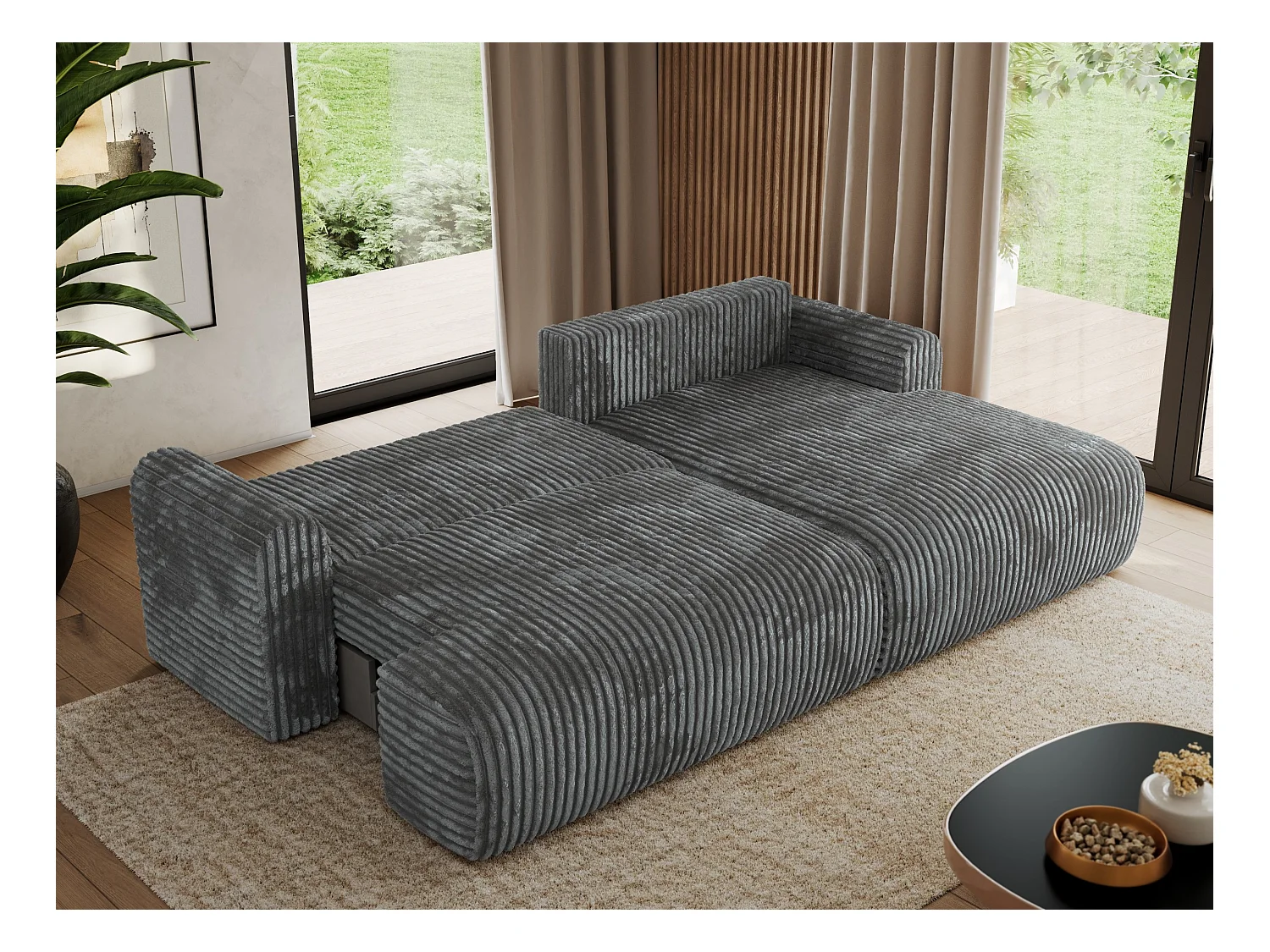 Ecksofa TONO - mit Schlaffunktion und Bettkasten, L-form Ecke, Armlehnen - Dunkelgrau Cord - Ecke Rechts