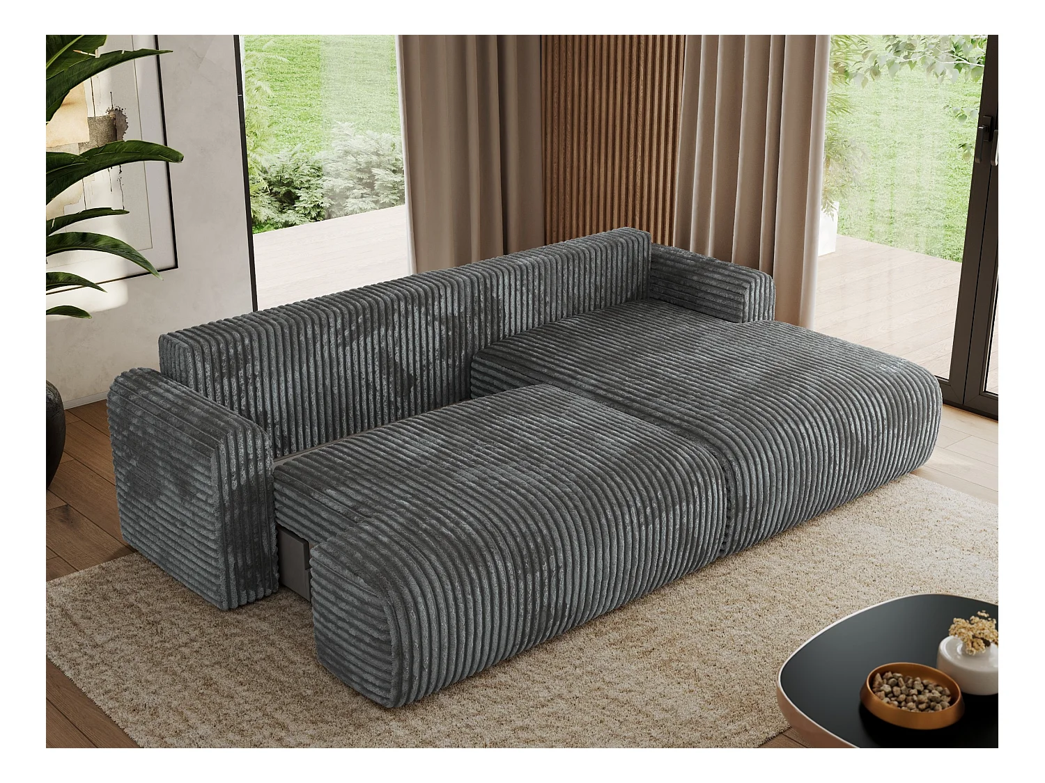 Ecksofa TONO - mit Schlaffunktion und Bettkasten, L-form Ecke, Armlehnen - Dunkelgrau Cord - Ecke Rechts