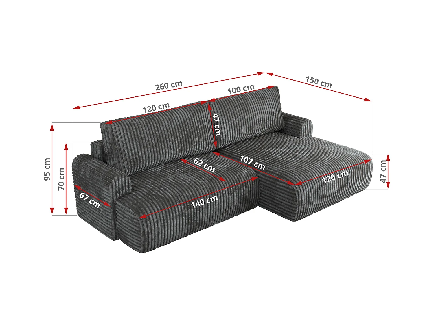 Ecksofa TONO - mit Schlaffunktion und Bettkasten, L-form Ecke, Armlehnen - Dunkelgrau Cord - Ecke Rechts