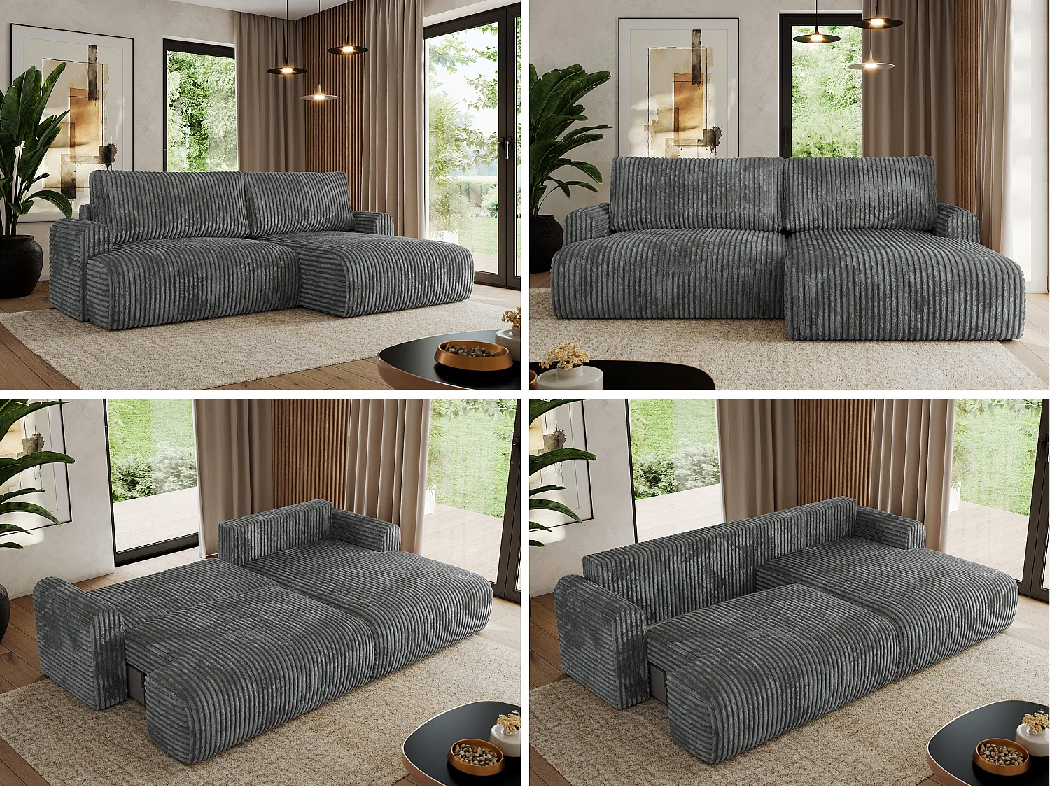 Ecksofa TONO - mit Schlaffunktion und Bettkasten, L-form Ecke, Armlehnen - Dunkelgrau Cord - Ecke Rechts