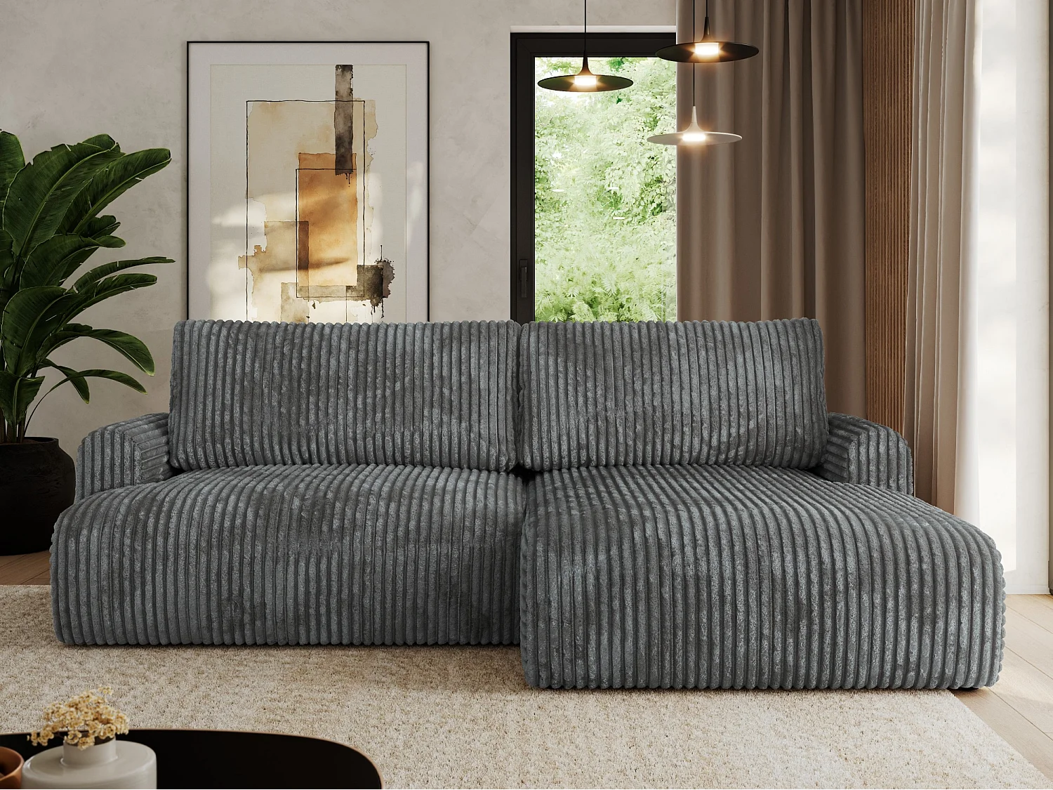 Ecksofa TONO - mit Schlaffunktion und Bettkasten, L-form Ecke, Armlehnen - Dunkelgrau Cord - Ecke Rechts