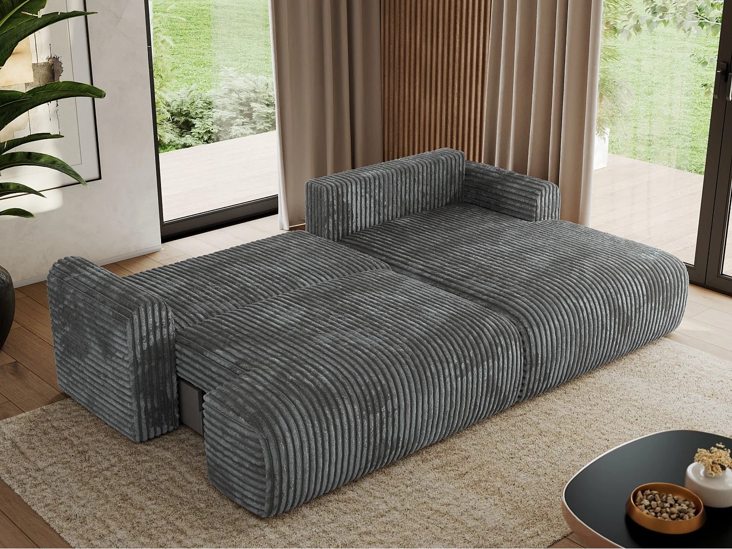 Ecksofa TONO - mit Schlaffunktion und Bettkasten, L-form Ecke, Armlehnen - Dunkelgrau Cord - Ecke Rechts