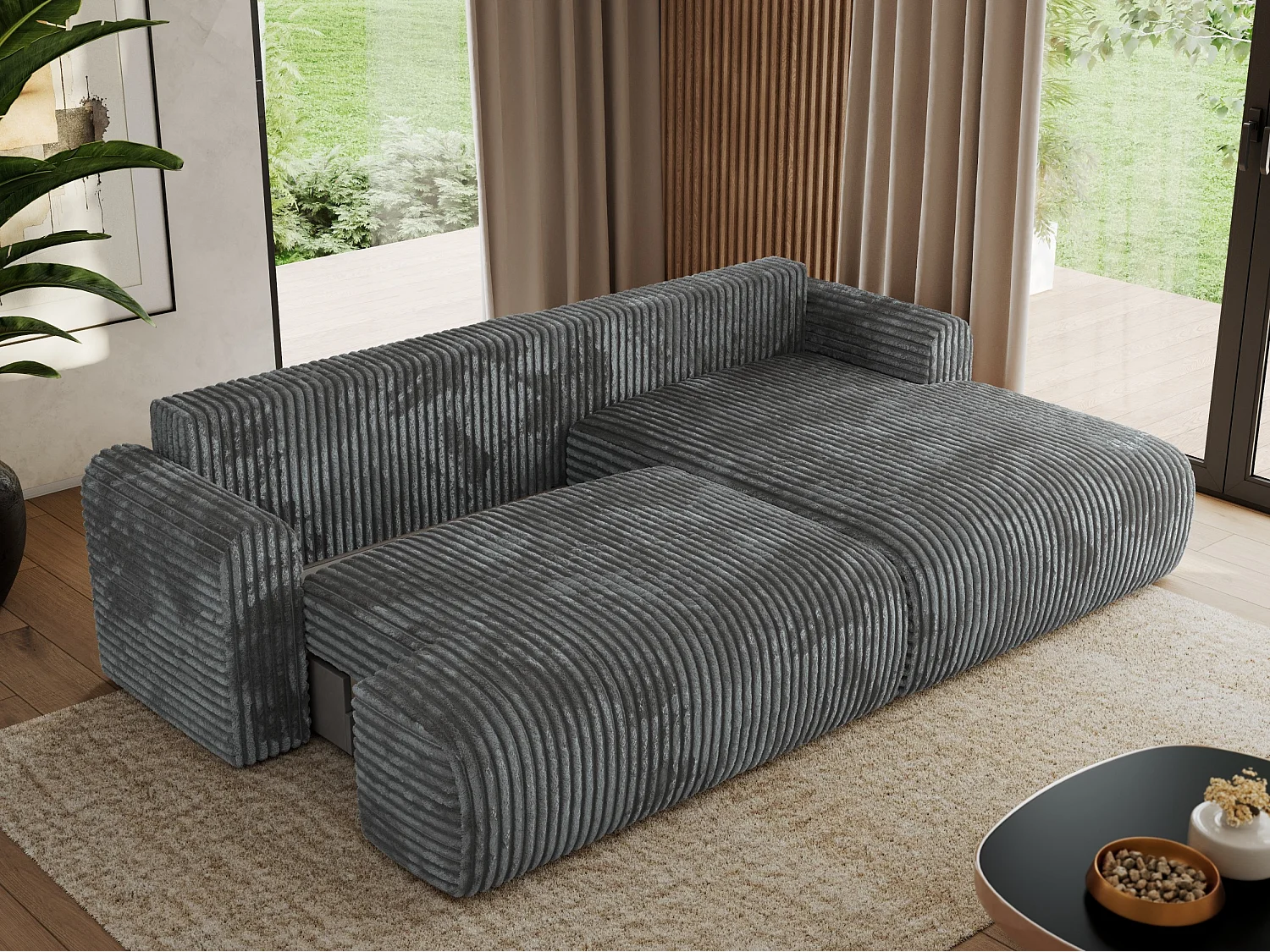 Ecksofa TONO - mit Schlaffunktion und Bettkasten, L-form Ecke, Armlehnen - Dunkelgrau Cord - Ecke Rechts