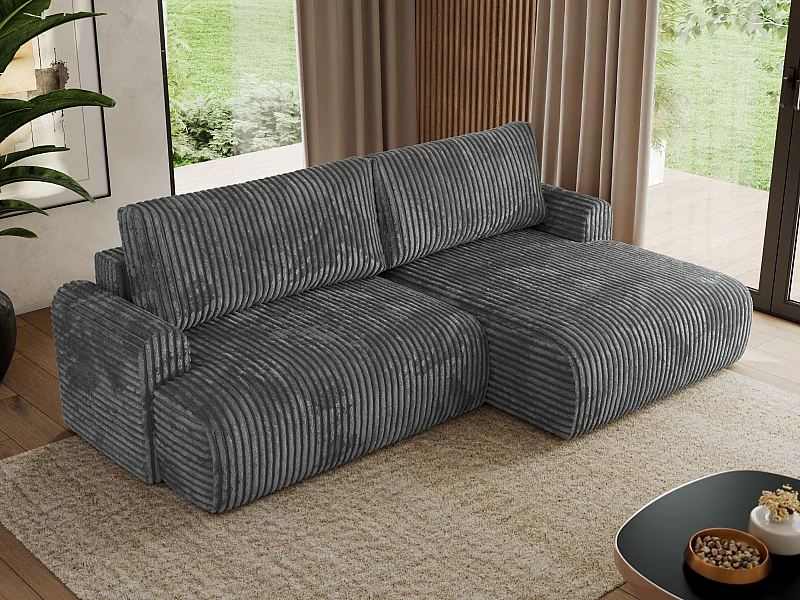 Ecksofa TONO - mit Schlaffunktion und Bettkasten, L-form Ecke, Armlehnen - Dunkelgrau Cord - Ecke Rechts