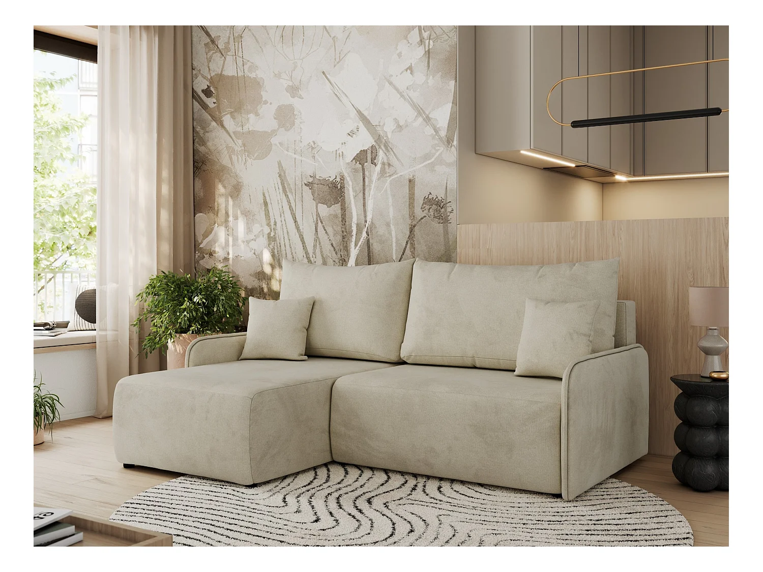 Ecksofa ARPA - L-form Schlaffsofa, Bettkasten und lose Kissen, Armlehnen - Beige Velvet - Ecke Links