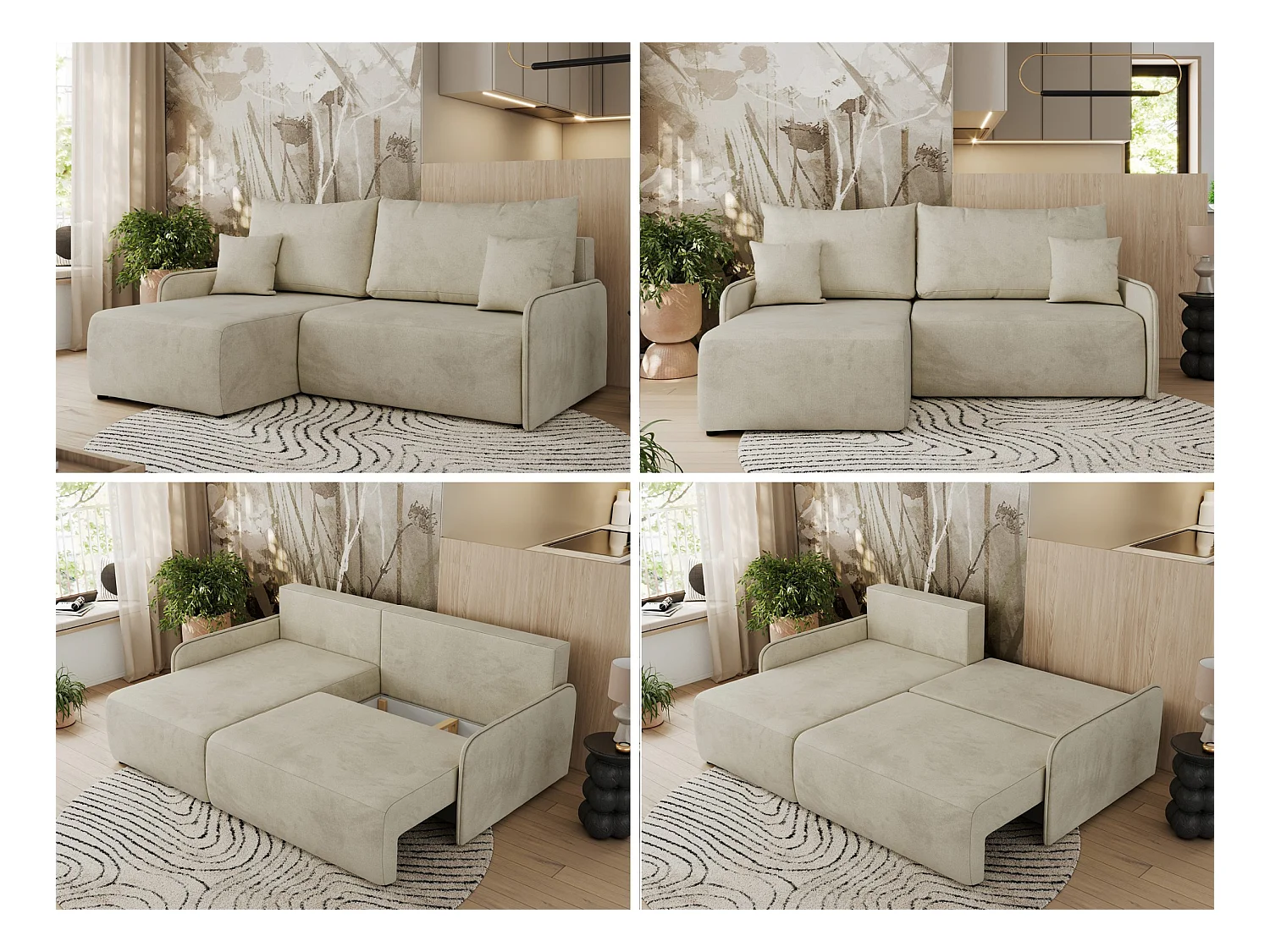 Ecksofa ARPA - L-form Schlaffsofa, Bettkasten und lose Kissen, Armlehnen - Beige Velvet - Ecke Links