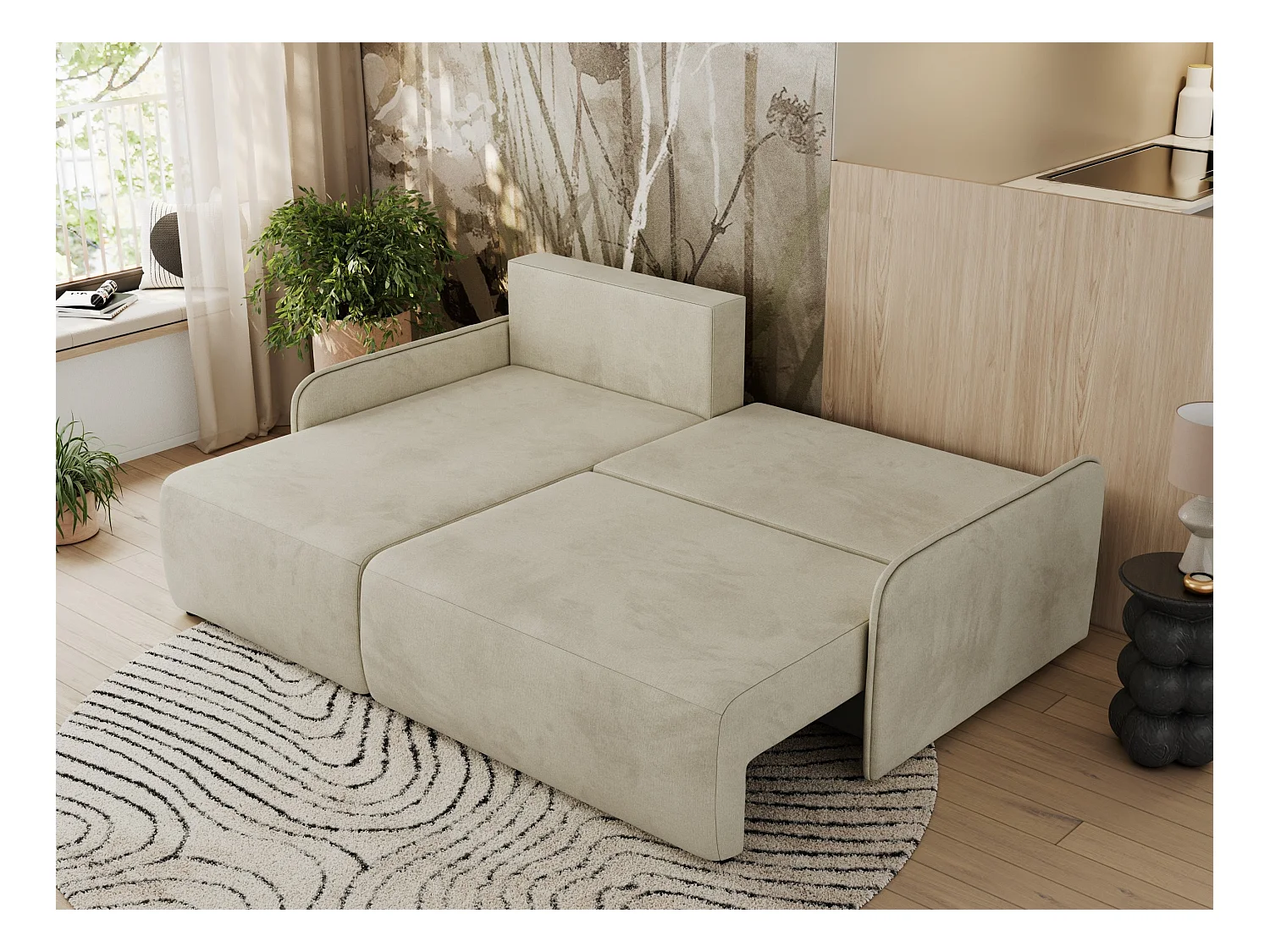 Ecksofa ARPA - L-form Schlaffsofa, Bettkasten und lose Kissen, Armlehnen - Beige Velvet - Ecke Links
