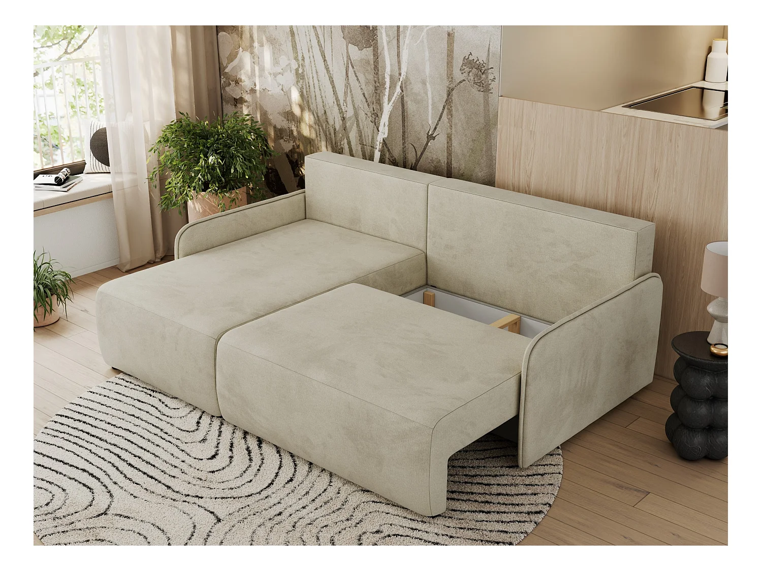 Ecksofa ARPA - L-form Schlaffsofa, Bettkasten und lose Kissen, Armlehnen - Beige Velvet - Ecke Links