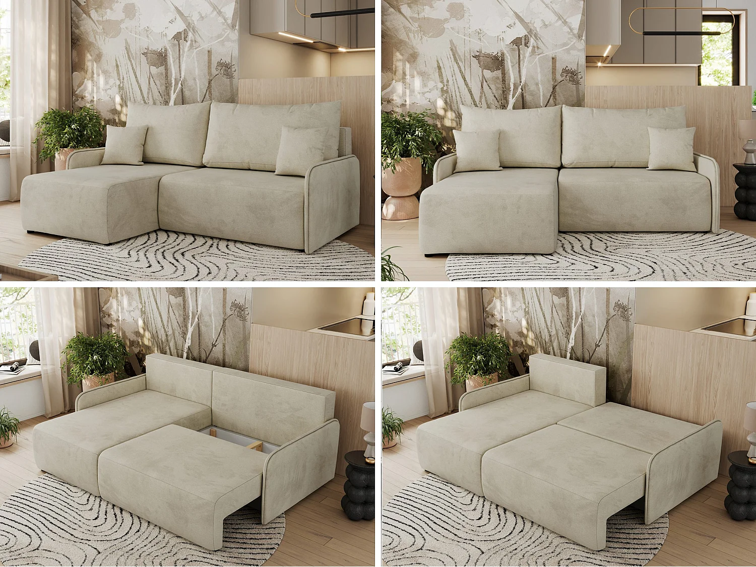 Ecksofa ARPA - L-form Schlaffsofa, Bettkasten und lose Kissen, Armlehnen - Beige Velvet - Ecke Links