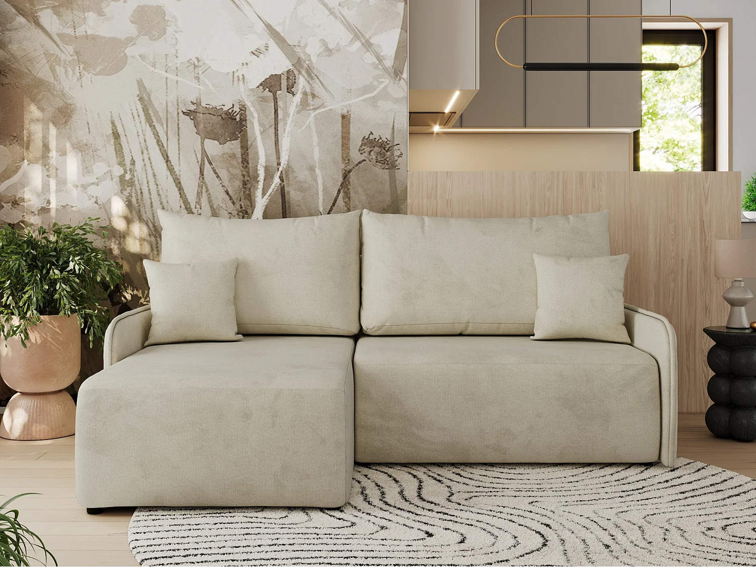 Ecksofa ARPA - L-form Schlaffsofa, Bettkasten und lose Kissen, Armlehnen - Beige Velvet - Ecke Links