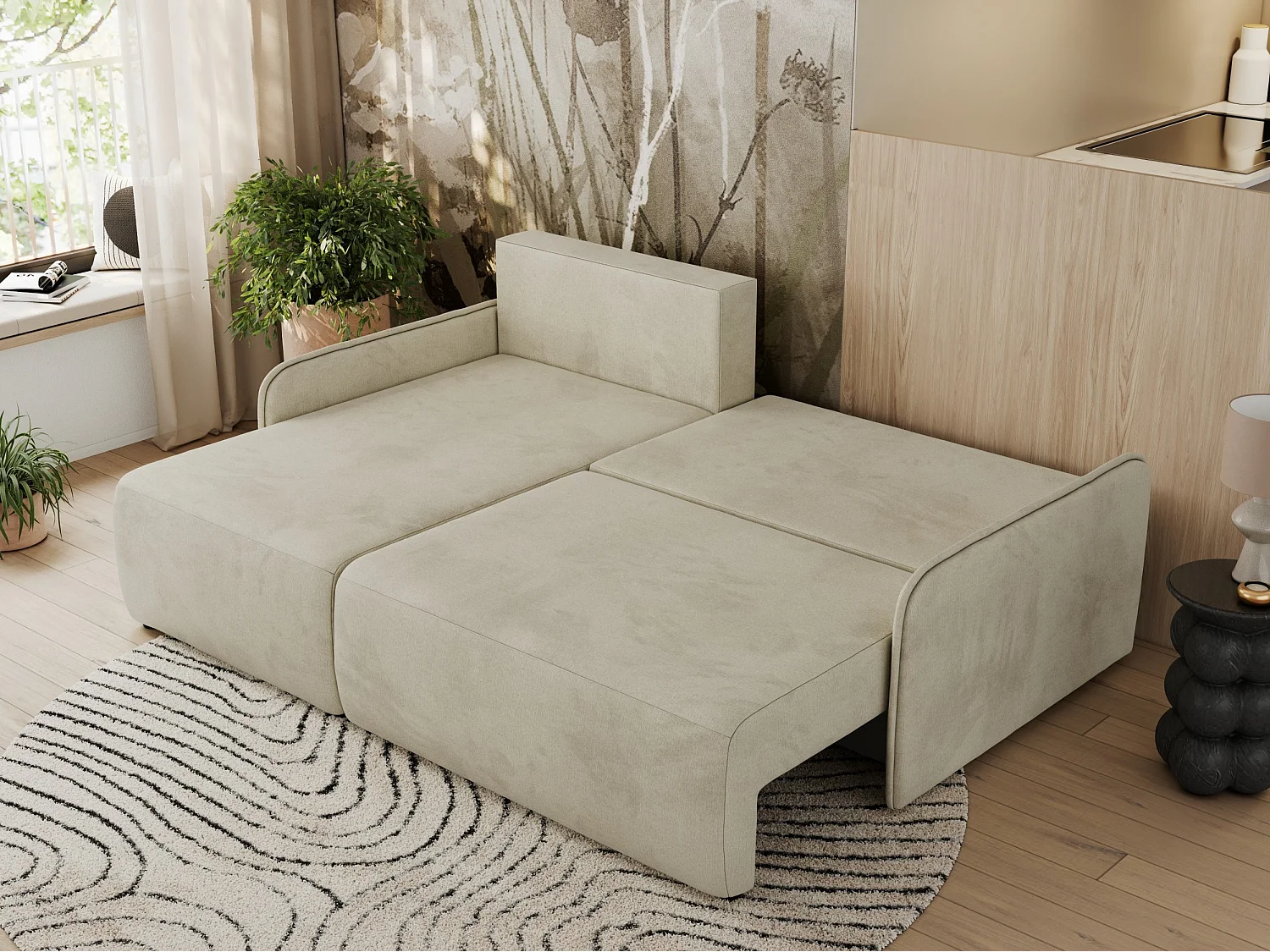 Ecksofa ARPA - L-form Schlaffsofa, Bettkasten und lose Kissen, Armlehnen - Beige Velvet - Ecke Links