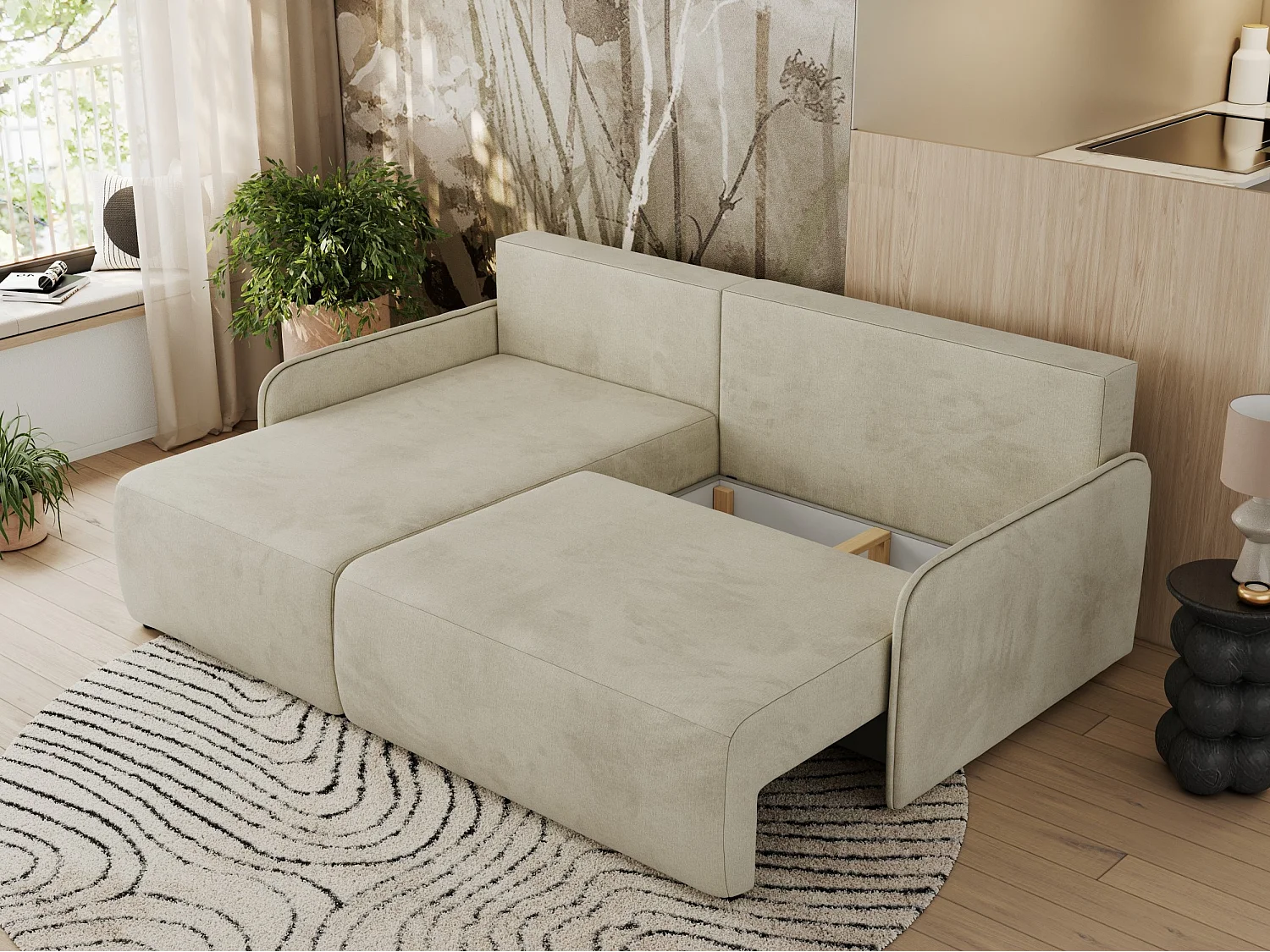 Ecksofa ARPA - L-form Schlaffsofa, Bettkasten und lose Kissen, Armlehnen - Beige Velvet - Ecke Links