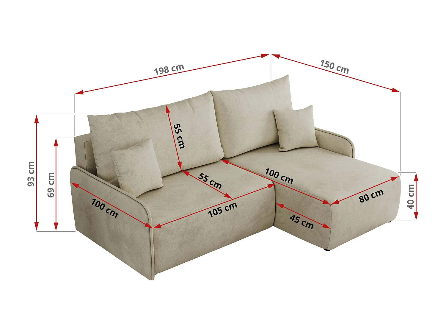 Ecksofa ARPA - L-form Schlaffsofa, Bettkasten und lose Kissen, Armlehnen - Beige Velvet - Ecke Links