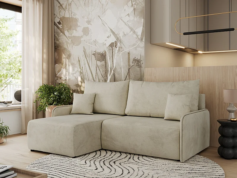 Ecksofa ARPA - L-form Schlaffsofa, Bettkasten und lose Kissen, Armlehnen - Beige Velvet - Ecke Links