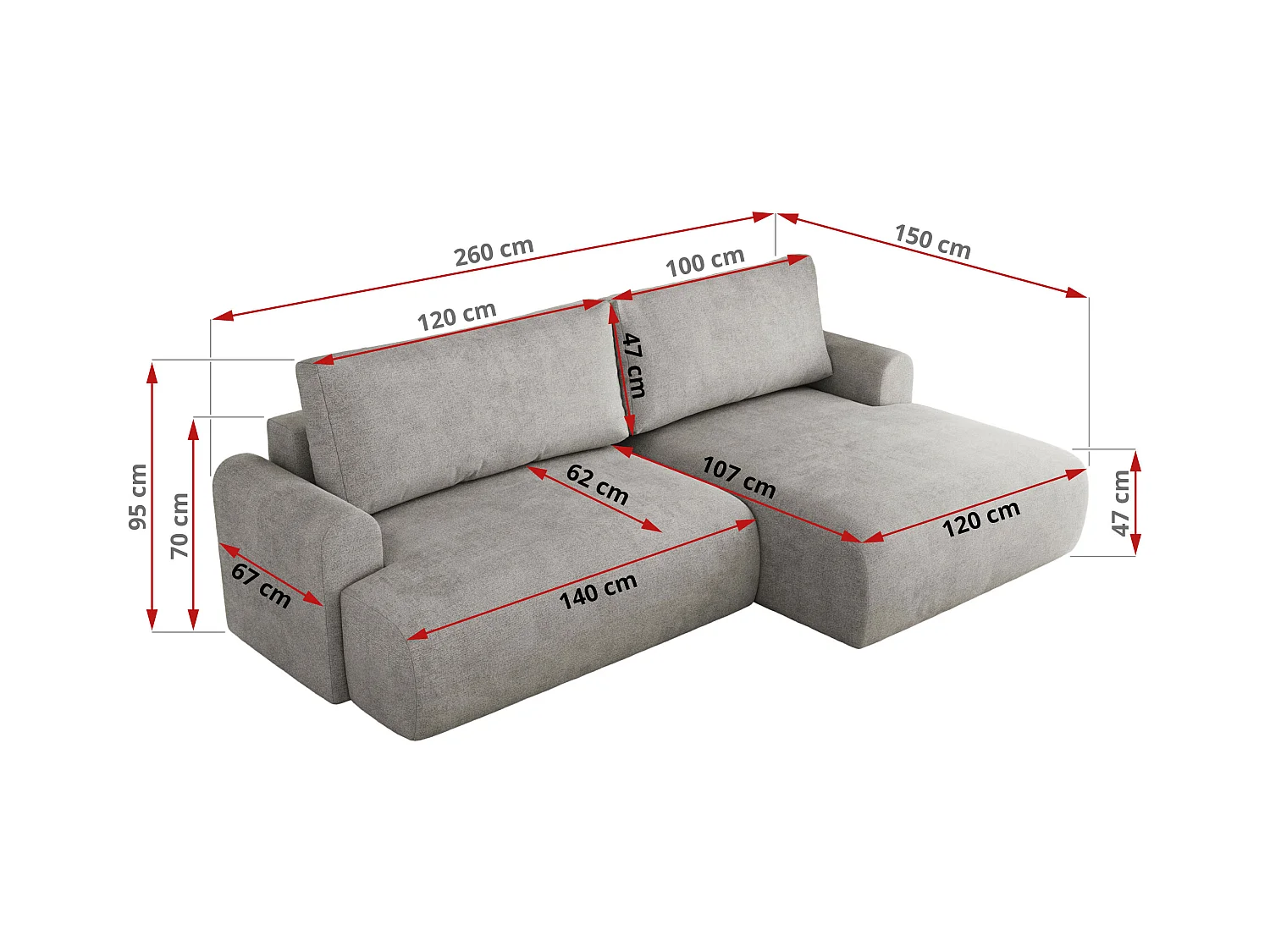 Ecksofa TONO - mit Schlaffunktion und Bettkasten, L-form Ecke, Armlehnen - Hellgrau Struktur - Ecke Links