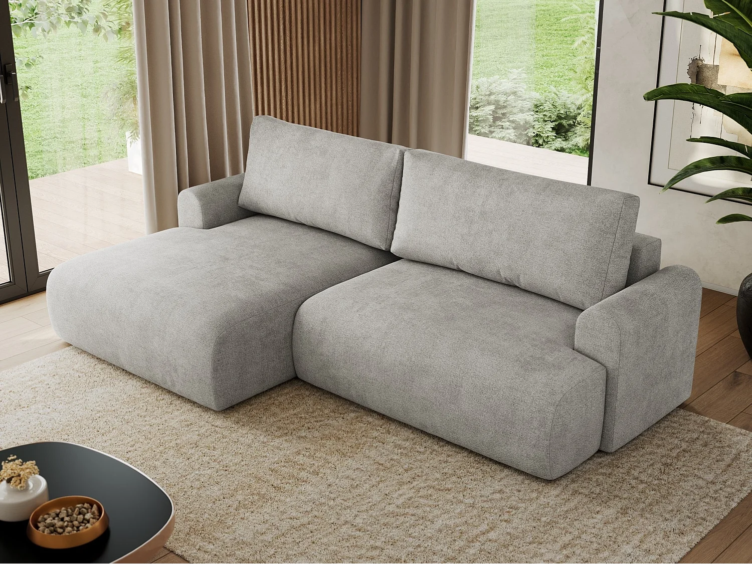 Ecksofa TONO - mit Schlaffunktion und Bettkasten, L-form Ecke, Armlehnen - Hellgrau Struktur - Ecke Links