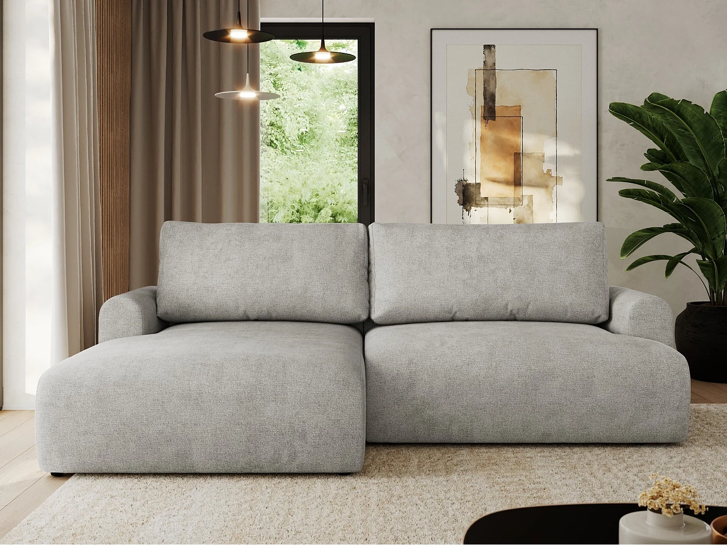 Ecksofa TONO - mit Schlaffunktion und Bettkasten, L-form Ecke, Armlehnen - Hellgrau Struktur - Ecke Links