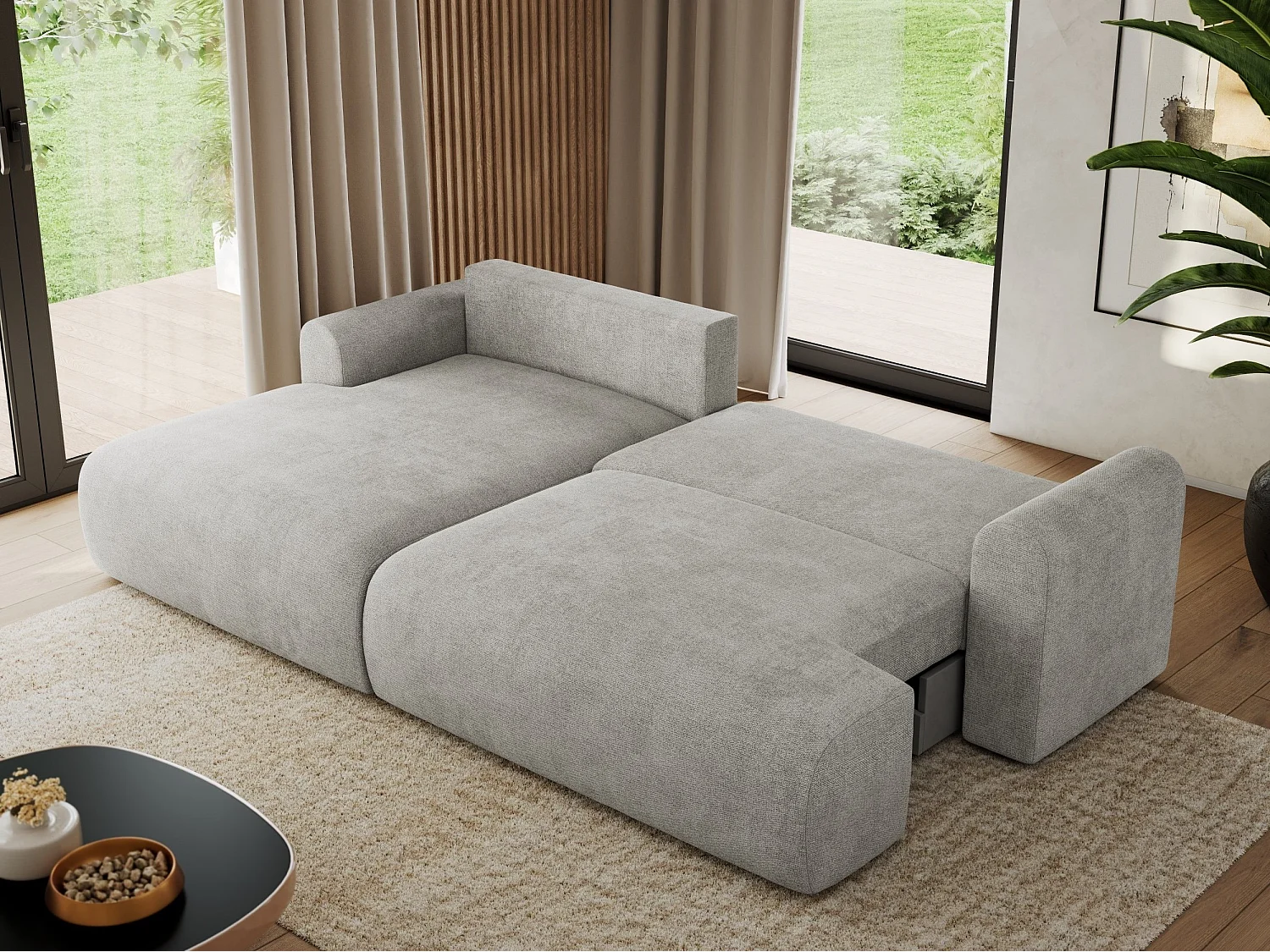 Ecksofa TONO - mit Schlaffunktion und Bettkasten, L-form Ecke, Armlehnen - Hellgrau Struktur - Ecke Links