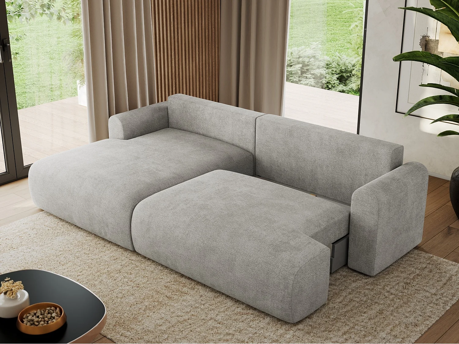 Ecksofa TONO - mit Schlaffunktion und Bettkasten, L-form Ecke, Armlehnen - Hellgrau Struktur - Ecke Links