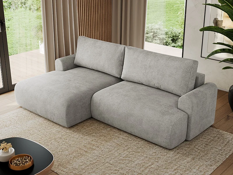 Ecksofa TONO - mit Schlaffunktion und Bettkasten, L-form Ecke, Armlehnen - Hellgrau Struktur - Ecke Links