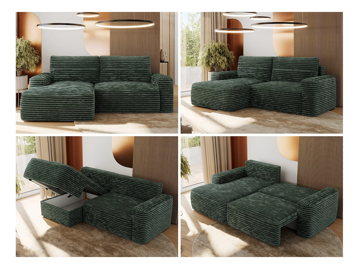 Ecksofa BELLUNO - Schlafsofa mit Bettkasten, Armlehnen, Couch L-form mit Schlaffunktion - Grün Cord - Ecke Links
