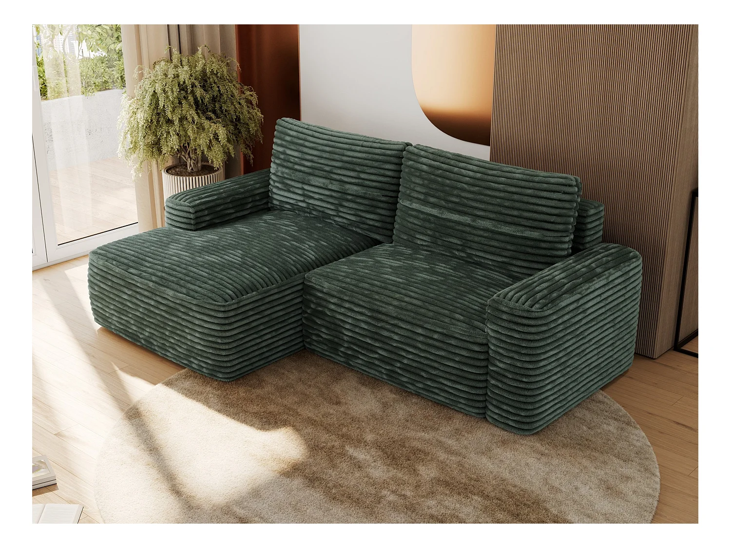 Ecksofa BELLUNO - Schlafsofa mit Bettkasten, Armlehnen, Couch L-form mit Schlaffunktion - Grün Cord - Ecke Links