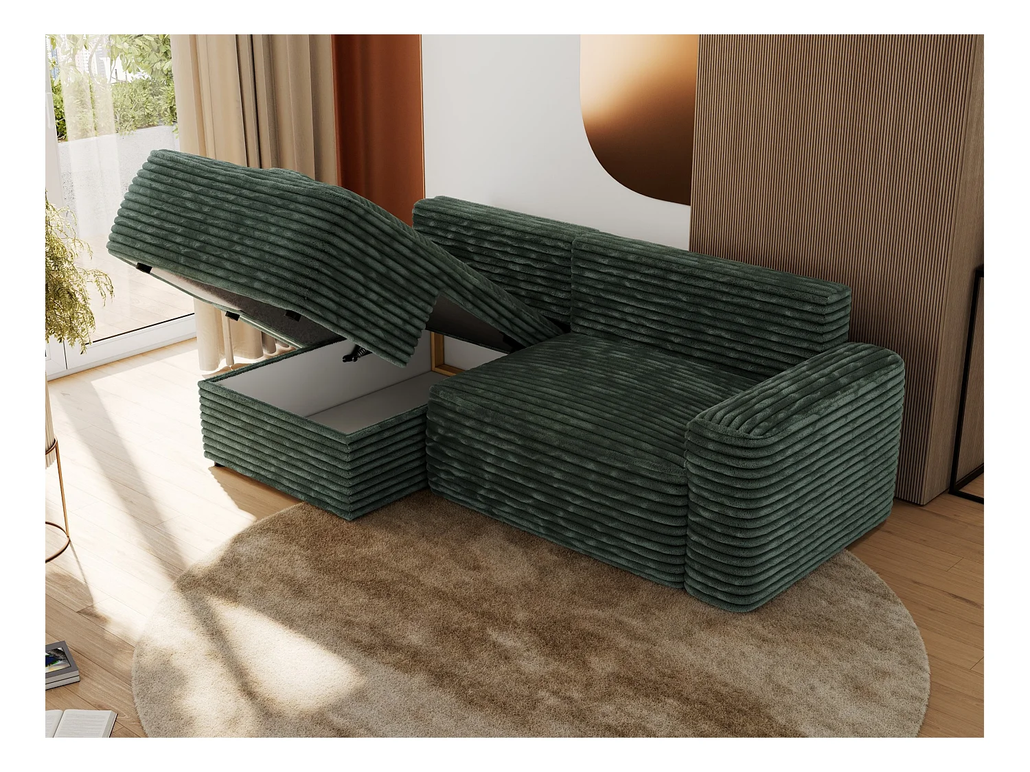 Ecksofa BELLUNO - Schlafsofa mit Bettkasten, Armlehnen, Couch L-form mit Schlaffunktion - Grün Cord - Ecke Links
