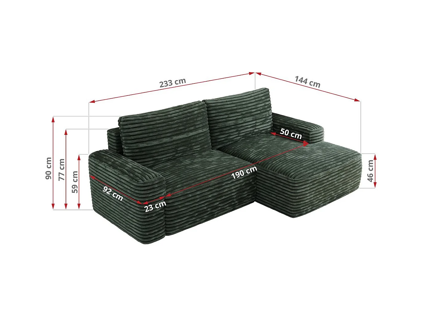 Ecksofa BELLUNO - Schlafsofa mit Bettkasten, Armlehnen, Couch L-form mit Schlaffunktion - Grün Cord - Ecke Links