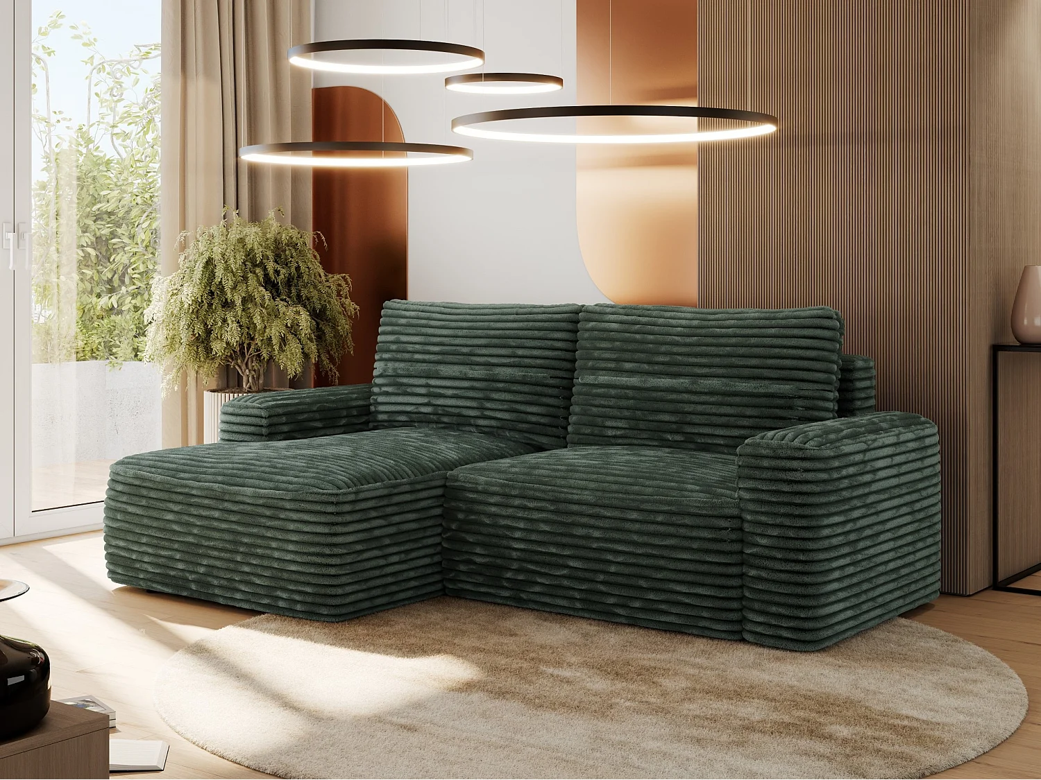 Ecksofa BELLUNO - Schlafsofa mit Bettkasten, Armlehnen, Couch L-form mit Schlaffunktion - Grün Cord - Ecke Links