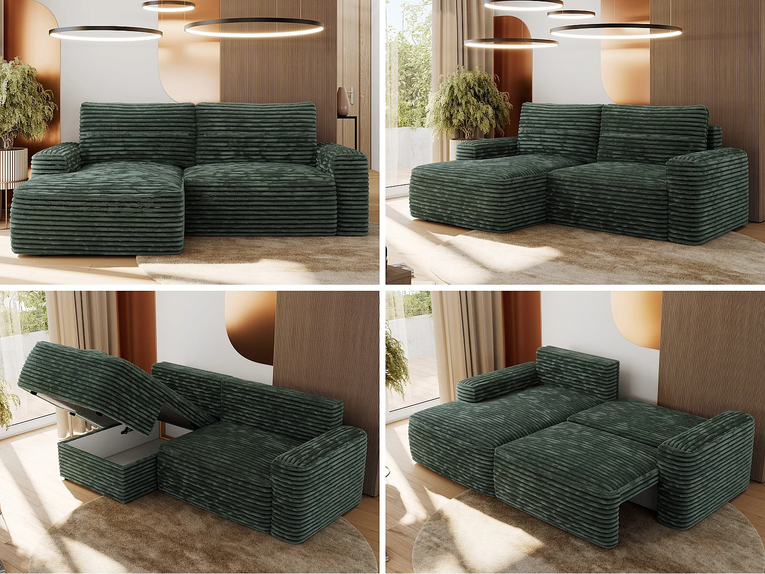 Ecksofa BELLUNO - Schlafsofa mit Bettkasten, Armlehnen, Couch L-form mit Schlaffunktion - Grün Cord - Ecke Links