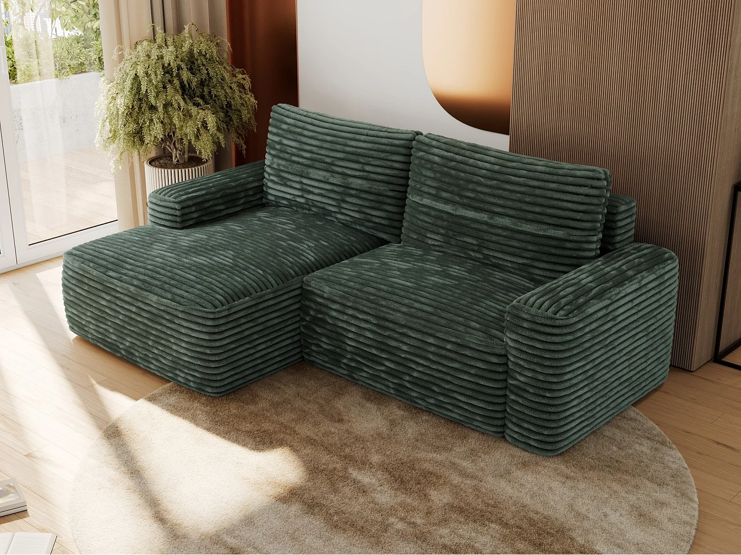 Ecksofa BELLUNO - Schlafsofa mit Bettkasten, Armlehnen, Couch L-form mit Schlaffunktion - Grün Cord - Ecke Links