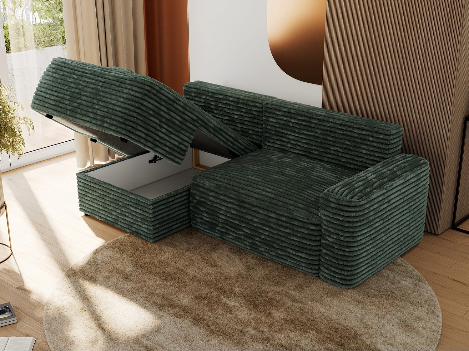 Ecksofa BELLUNO - Schlafsofa mit Bettkasten, Armlehnen, Couch L-form mit Schlaffunktion - Grün Cord - Ecke Links