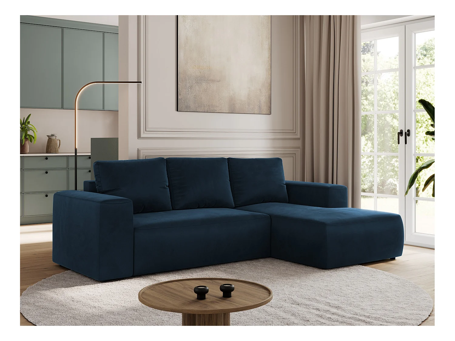 Ecksofa TRENTINO - mit Schlaffunktion und Bettkasten, L-form Couch, lose Kissen und Armlehnen - Dunkelblau Velvet - Ecke Rechts
