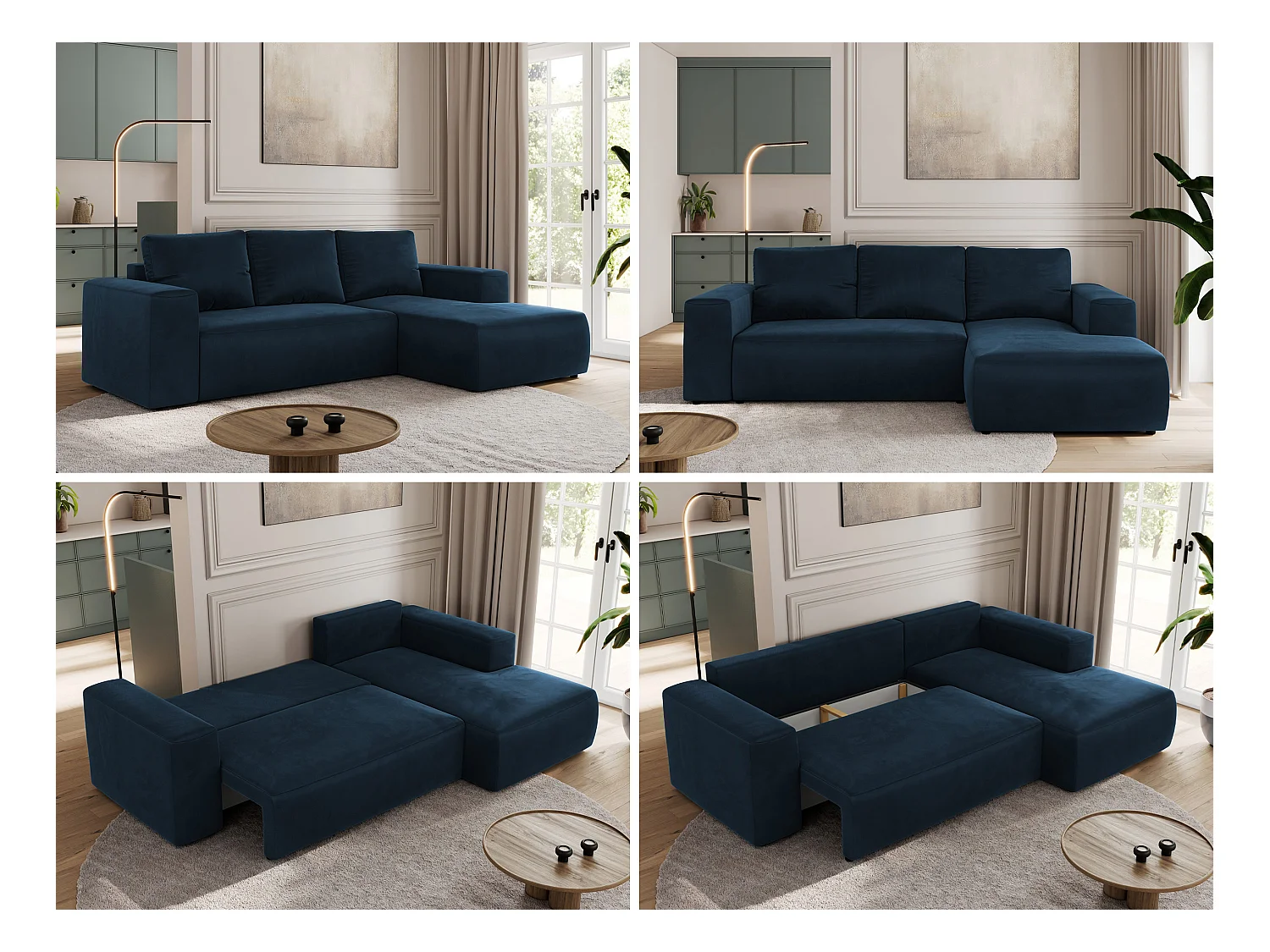 Ecksofa TRENTINO - mit Schlaffunktion und Bettkasten, L-form Couch, lose Kissen und Armlehnen - Dunkelblau Velvet - Ecke Rechts