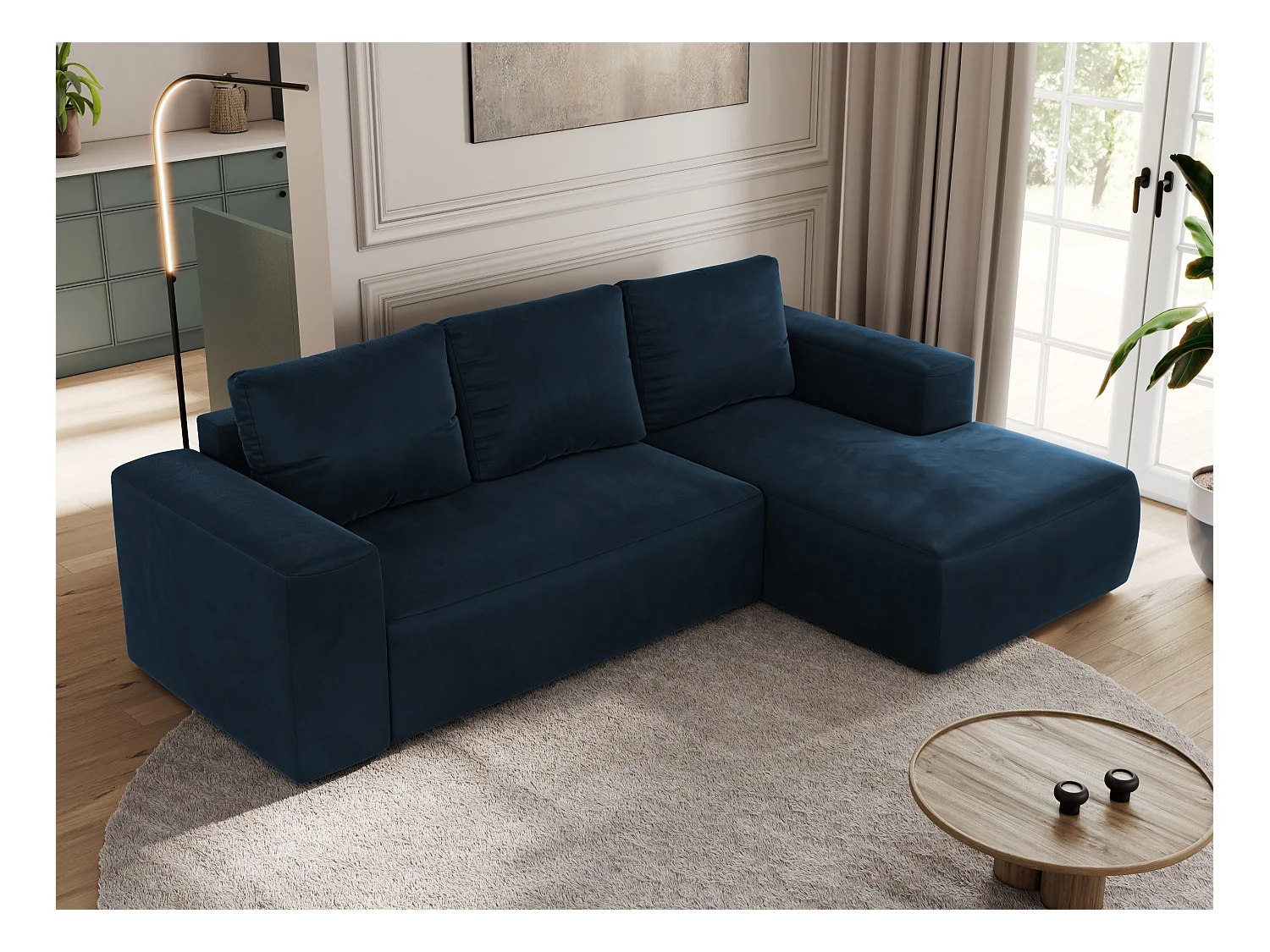 Ecksofa TRENTINO - mit Schlaffunktion und Bettkasten, L-form Couch, lose Kissen und Armlehnen - Dunkelblau Velvet - Ecke Rechts