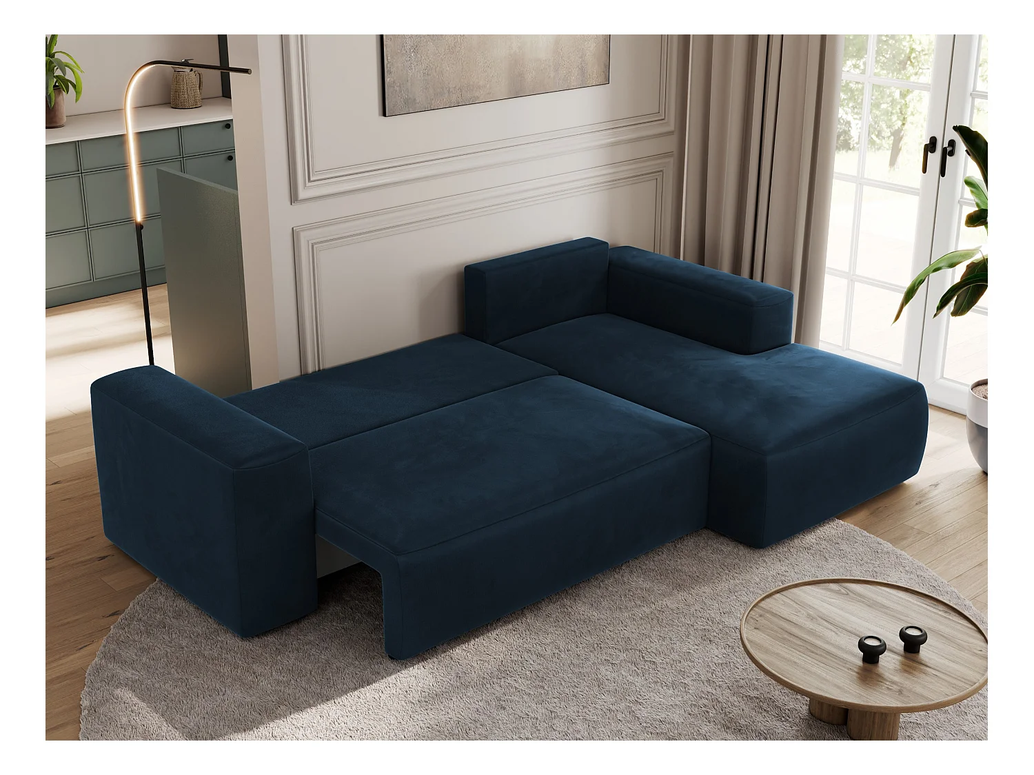 Ecksofa TRENTINO - mit Schlaffunktion und Bettkasten, L-form Couch, lose Kissen und Armlehnen - Dunkelblau Velvet - Ecke Rechts