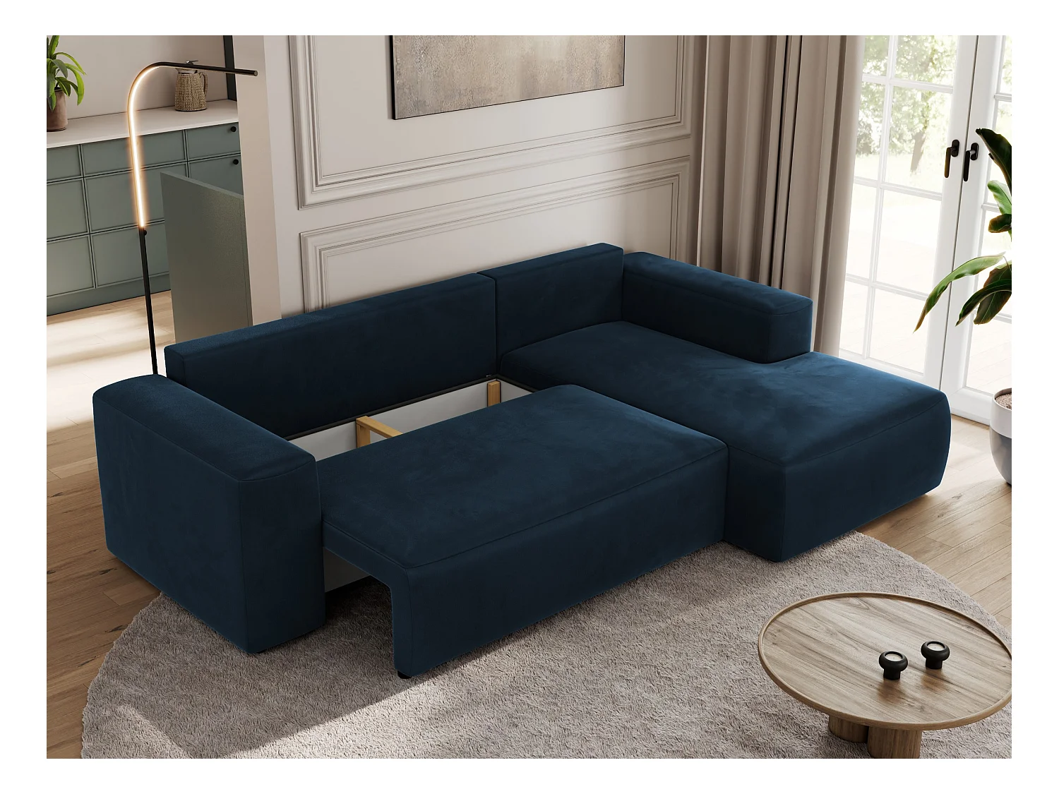 Ecksofa TRENTINO - mit Schlaffunktion und Bettkasten, L-form Couch, lose Kissen und Armlehnen - Dunkelblau Velvet - Ecke Rechts