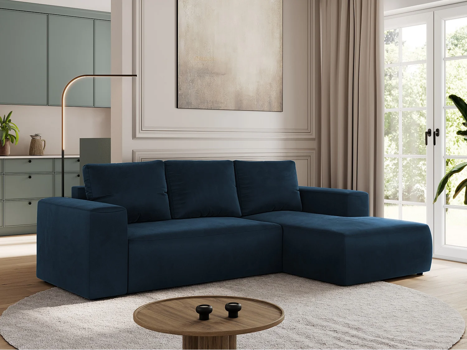 Ecksofa TRENTINO - mit Schlaffunktion und Bettkasten, L-form Couch, lose Kissen und Armlehnen - Dunkelblau Velvet - Ecke Rechts
