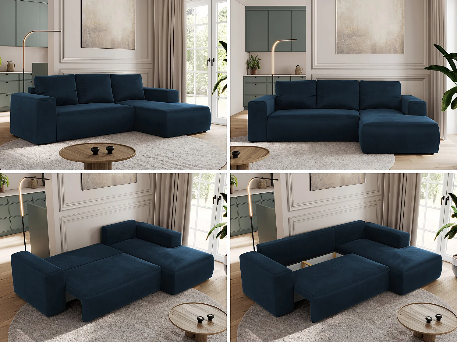 Ecksofa TRENTINO - mit Schlaffunktion und Bettkasten, L-form Couch, lose Kissen und Armlehnen - Dunkelblau Velvet - Ecke Rechts