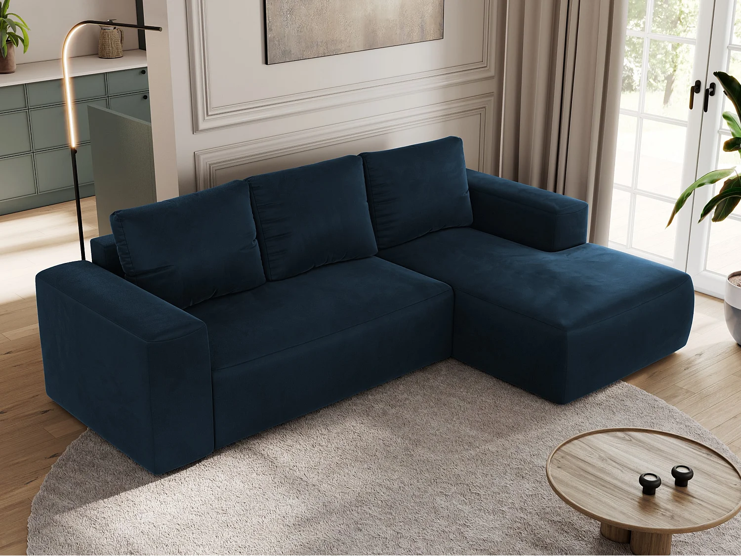 Ecksofa TRENTINO - mit Schlaffunktion und Bettkasten, L-form Couch, lose Kissen und Armlehnen - Dunkelblau Velvet - Ecke Rechts